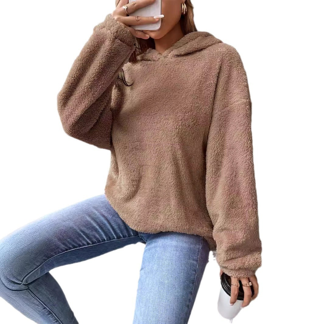 Enkel og moderne hættetrøje til kvinder i dobbeltlags fløjl, løstsiddende, langærmet sweatshirt