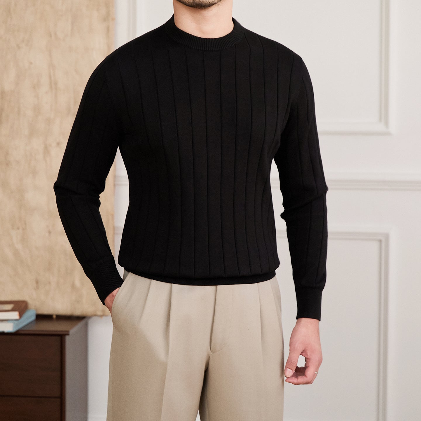 Solid Color Knitted Cotton Breathable Round Neck Long Sleeve T-shirt