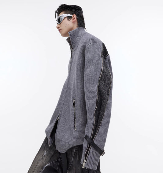 Metal Zipper Design Knitted Cardigan Sweater Belt Buckle Slicing Sweater Coat