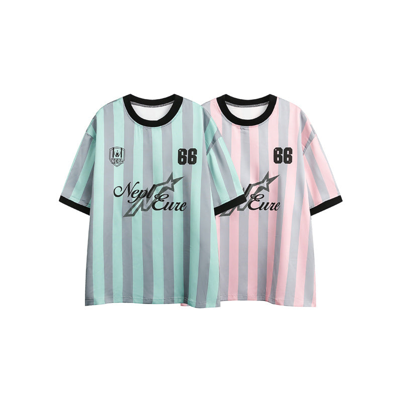 Stribet kontrast-syning T-shirt med korte ærmer og løs pasform
