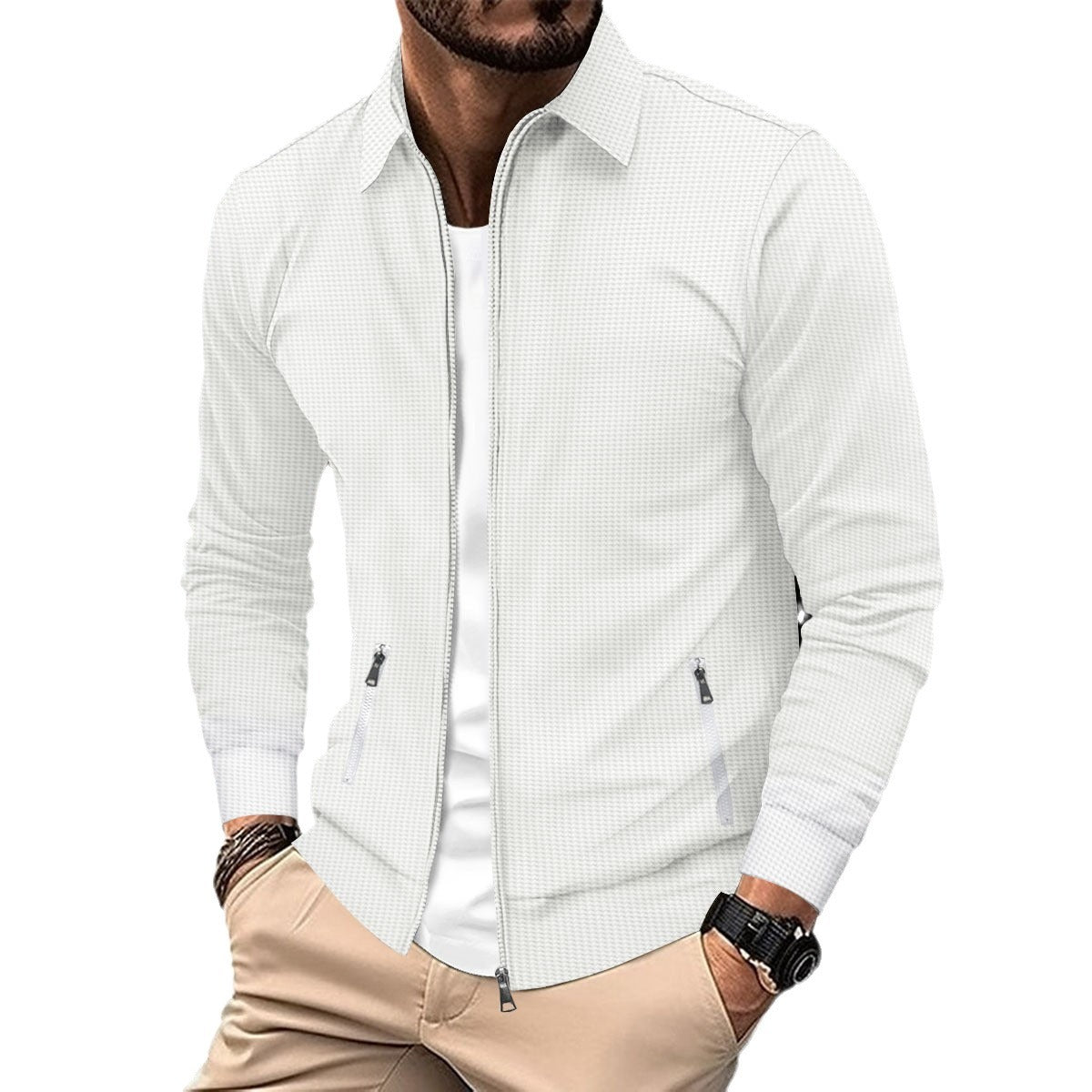 Mænds forårs- og efterårsjakke med vaffelstruktur, lynlåslommer, revers, slim-fit cardigan