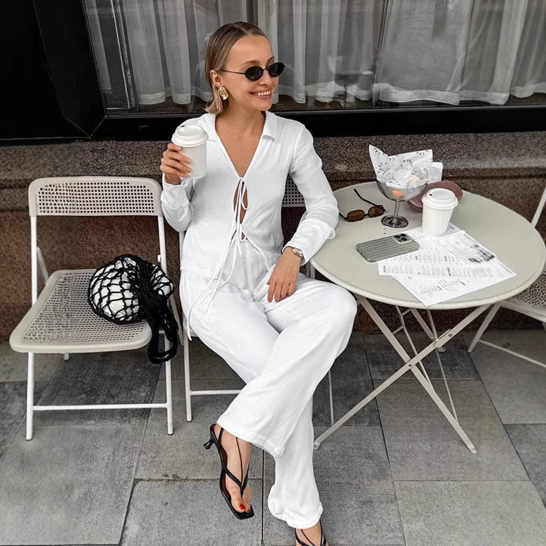 Fashion White Tie-front Cardigan Wide-leg Pants