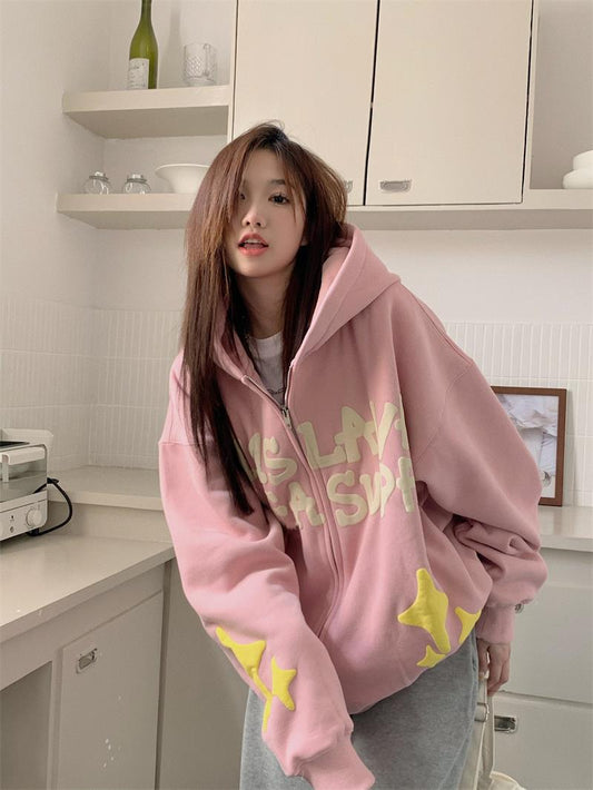 Alphabet Foam Print American Style Padded Hooded Sweatshirt Women