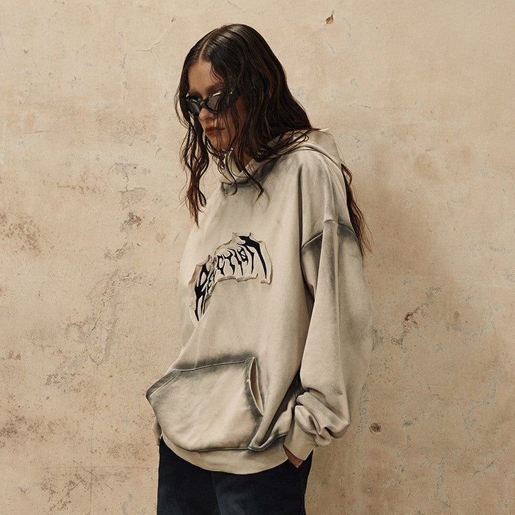 Embroidered Frayed Hem Design Hoodie Trendy Sweater