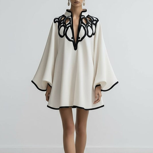 Loose-fitting Color-block V-neck Fashion Dress With Lace Trim