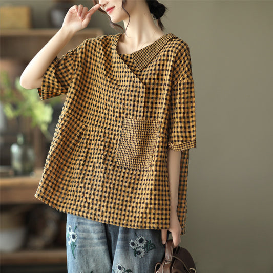 Loose Patchwork Cotton Plaid V-neck Short-sleeved T-shirt Women's Pullover