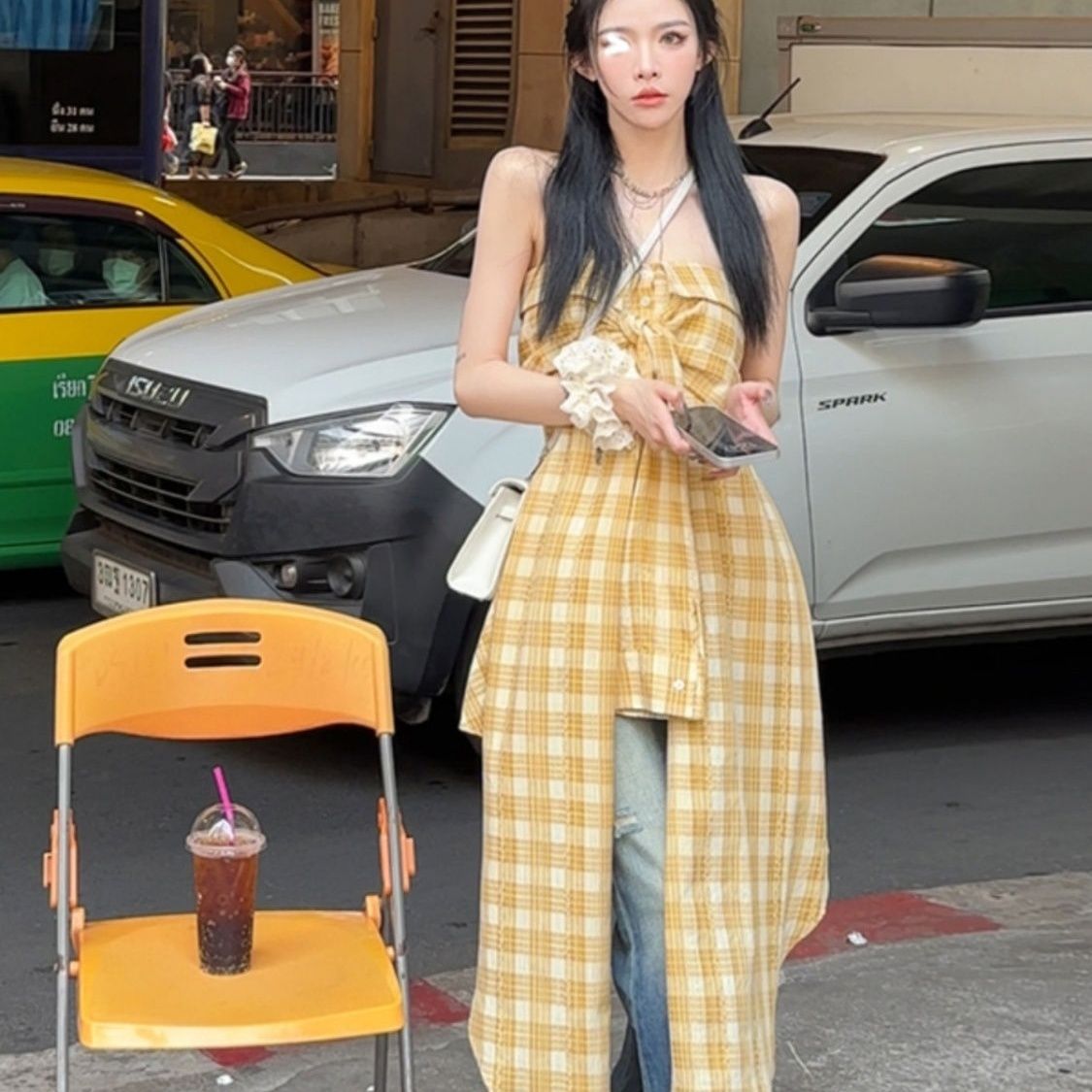 Women's Irregular Yellow Plaid Tube Dress