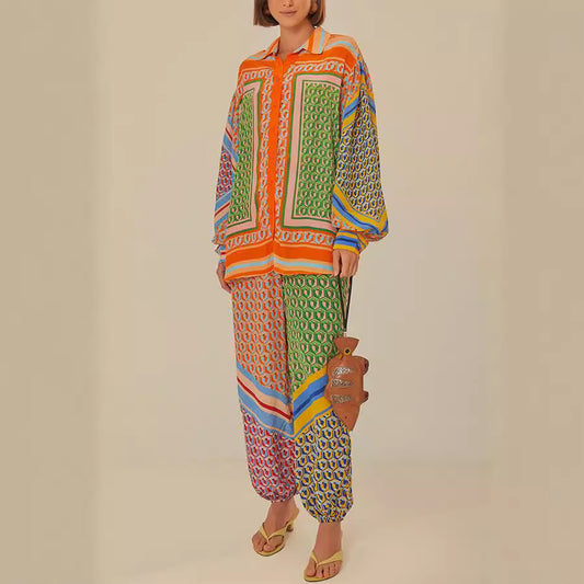 Printed Casual Trousers Shirt Tops Suit