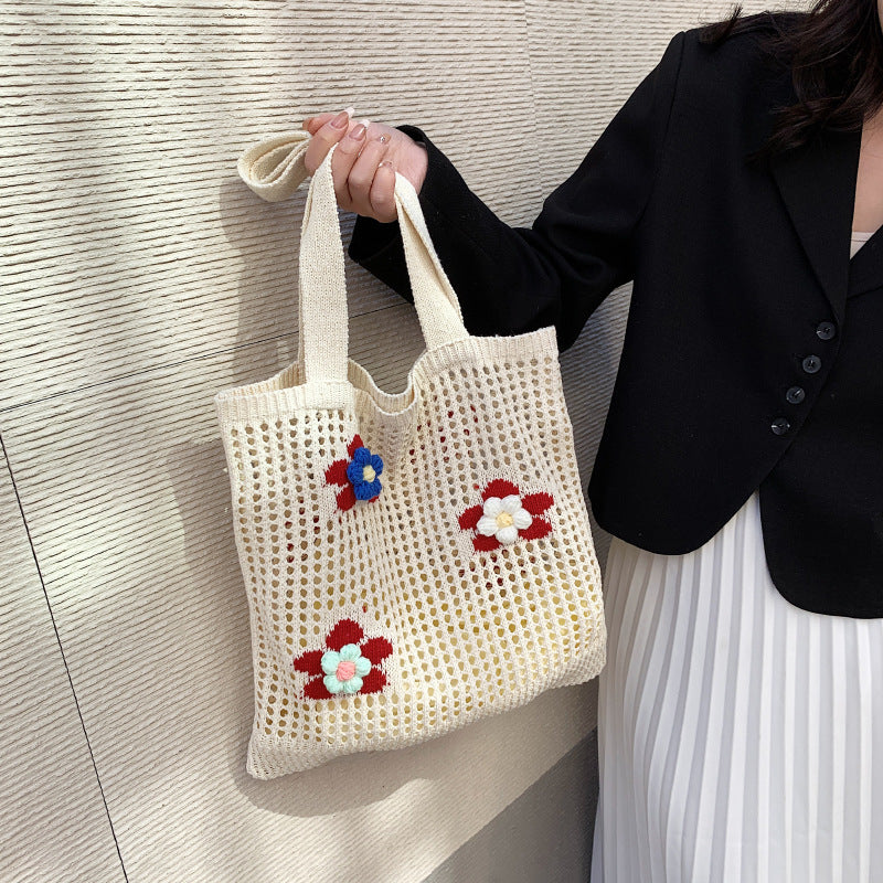 Hollow Knitted Bag Westernized Flower One Shoulder Handbag