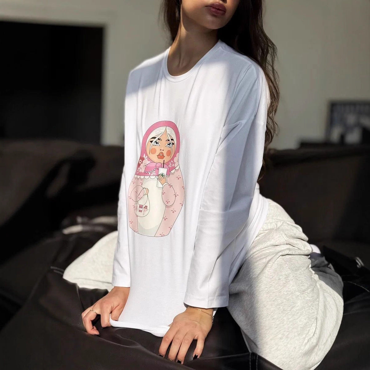 Womens Casual Printed Loose-fitting Long-sleeve Top