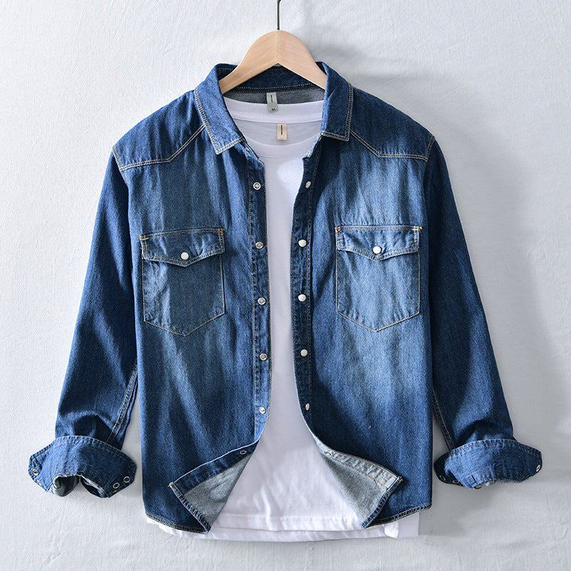 Simple Men's Long-sleeved Denim Shirt In White