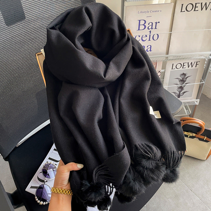 Beige Artificial Cashmere Scarf Fur Ball Winter Warm Tassel Shawl