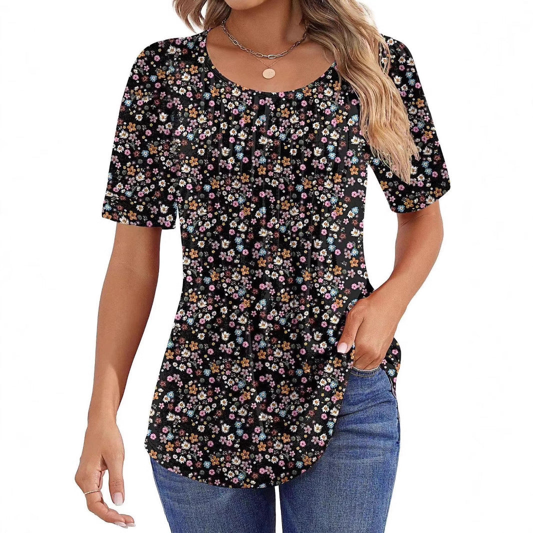 Round Neck Pleated Printed T-shirt