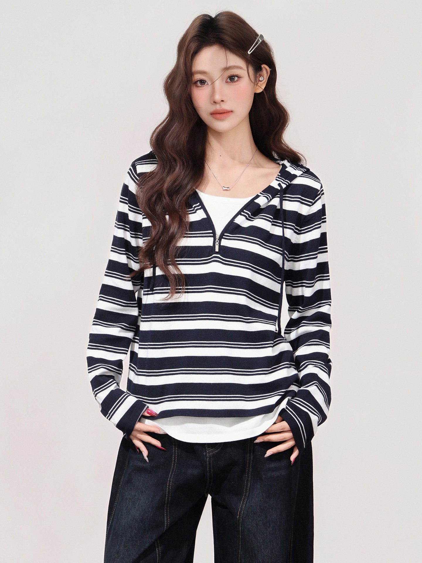 Color-blocked Fake Two-piece Hooded Long-sleeve Women's Undershirt