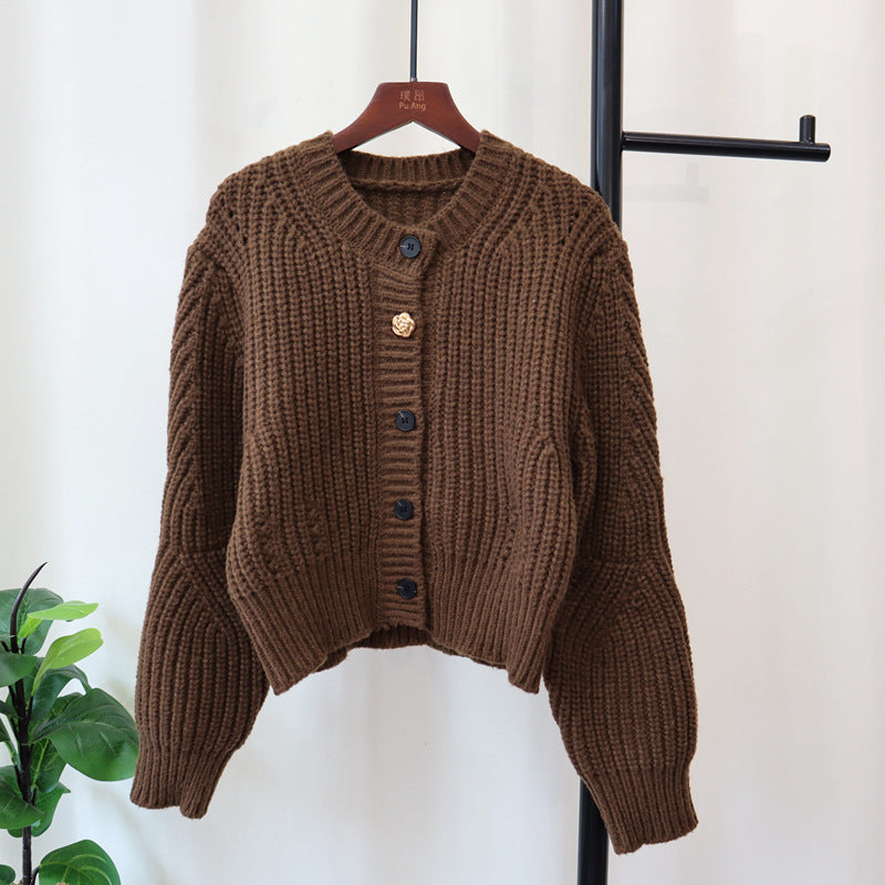 Tykt Strikket Design Sense Niche Sweaterjakke Løs Rund Hals Langærmet Temperament