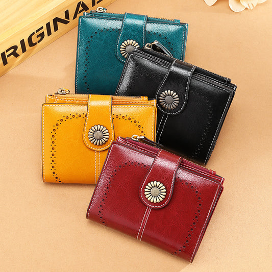Wallet Women's Short Oil Wax Leather Zipper Card Holder