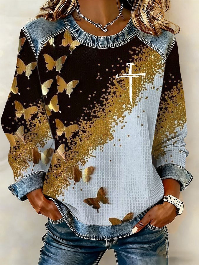 Retro Loose-fitting Pullover With A Printed Crew Neck