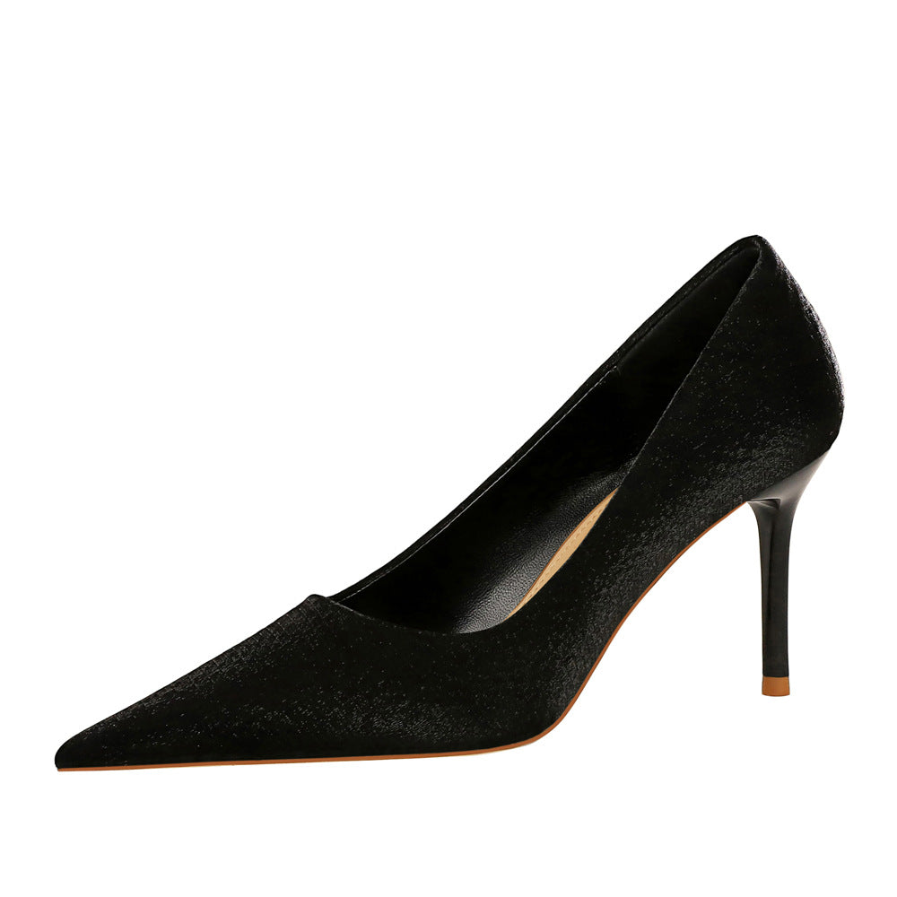 Thin Heel High Shallow Mouth Pointed Silk Shoes