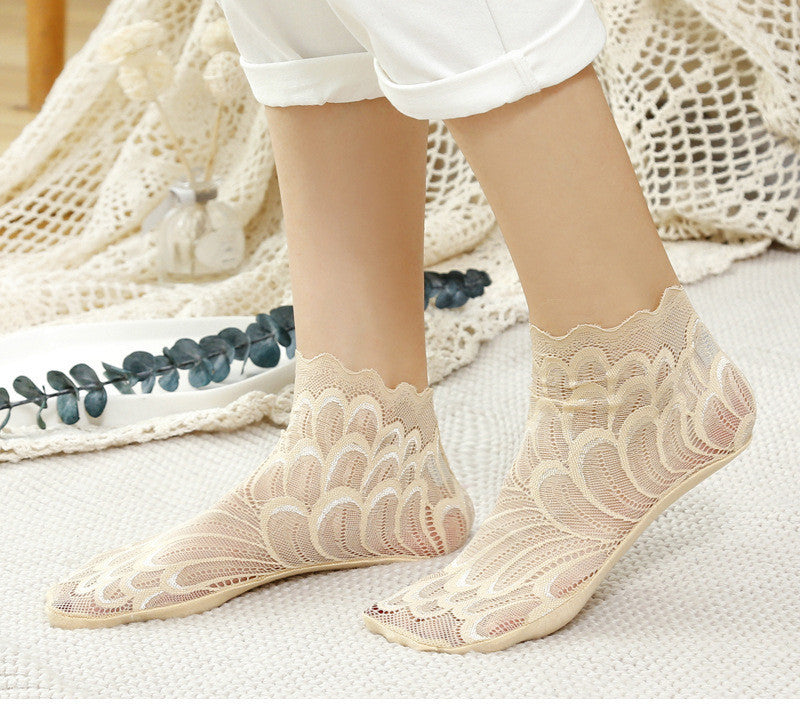 Socks Women Short Cute Solid Color Cotton Bottom Breathable In Tube Mesh Lace Lace