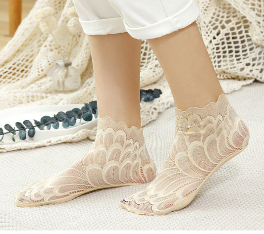 Socks Women Short Cute Solid Color Cotton Bottom Breathable In Tube Mesh Lace Lace