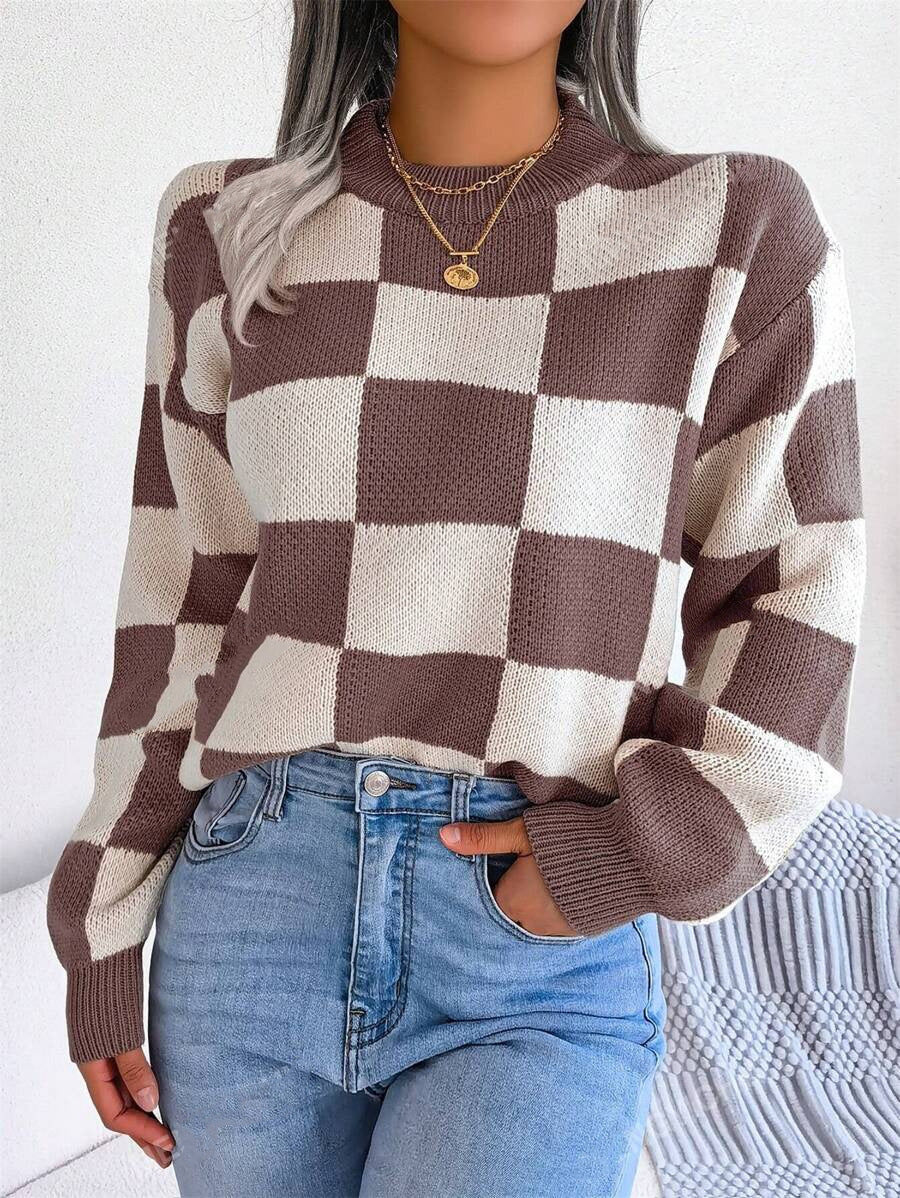 Contrast Color Checkerboard Loose And Lazy Style Stitching Sweater