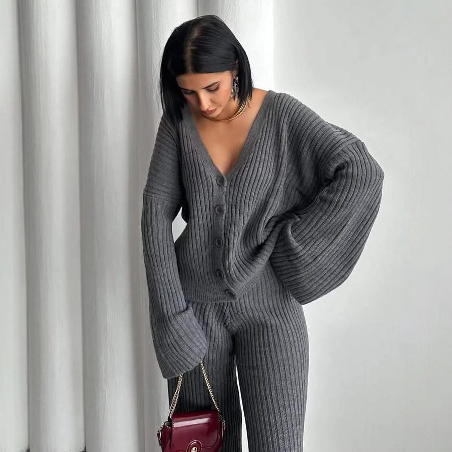 Casual Women's Solid Color Long Sleeve Button Cardigan Sweater Pants Set