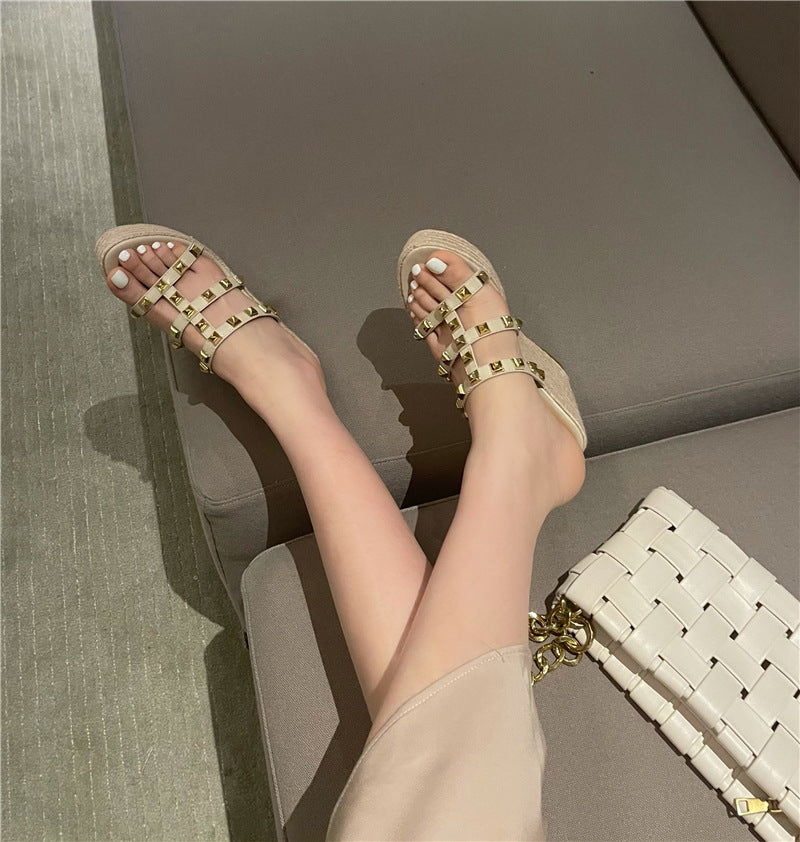 New Korean Rivet Straw Wedges For Women's Shoes