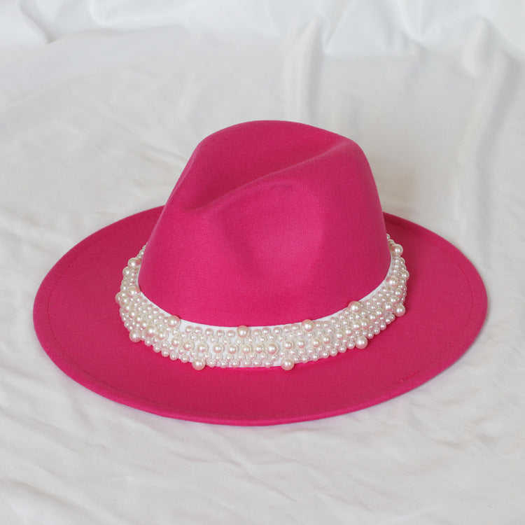 Handmade Pearl Top Hat Big Brim Fur Felt Hat