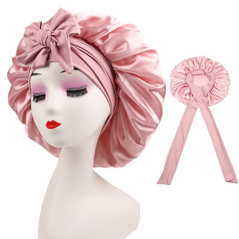 Stretch Ribbon Bowknot Silk Round Cap Solid Color