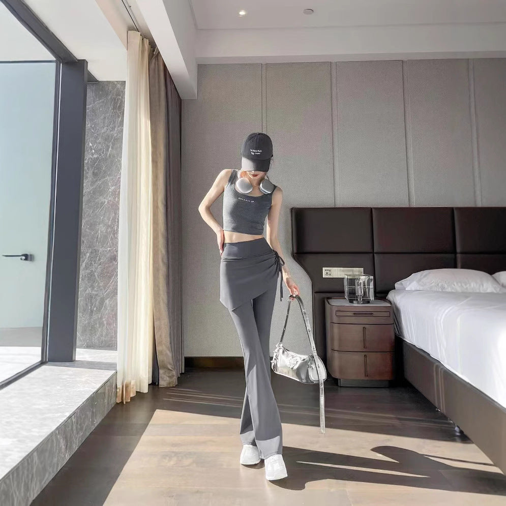 Womens Solid-Color Mock Two-Piece Cropped Flare Pants With Drawstring