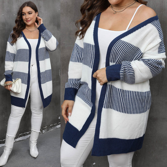 Contrast Color Striped Stitching Woven Casual Sweater Coat