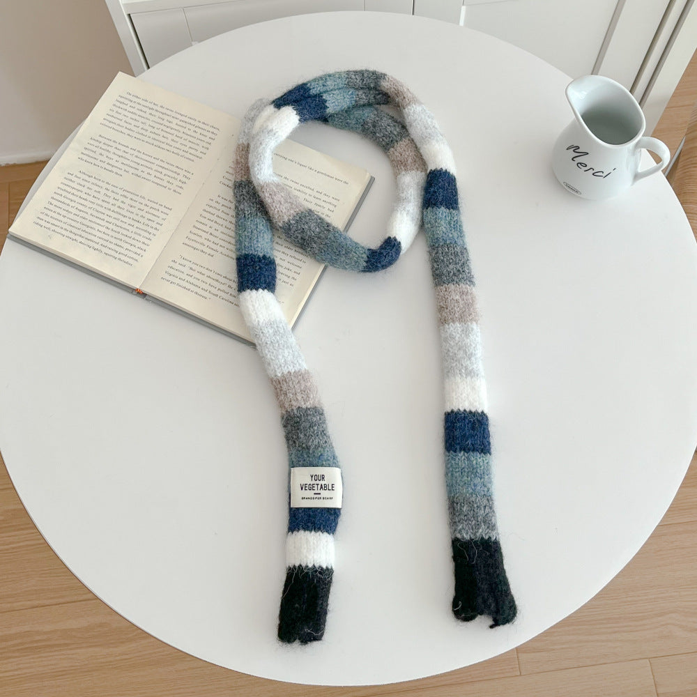Versatile Narrow Rainbow-colored Retro Slim Long Scarf With A Chic Knitted Design