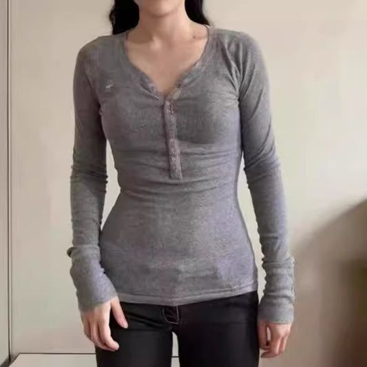 Simple Solid Color Rib Fabric Tight Long Sleeve Bottoming Shirt