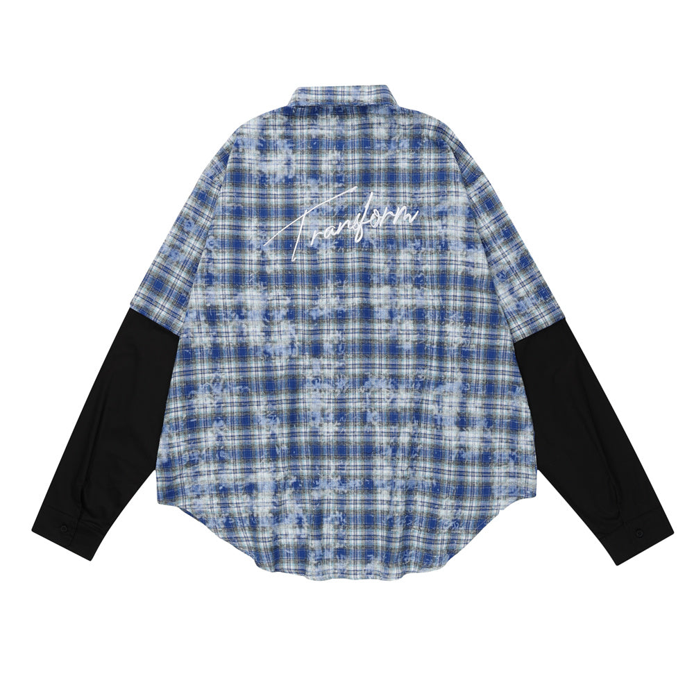 Tie-dye Blooming Plaid Shirt Men's False Two Pieces