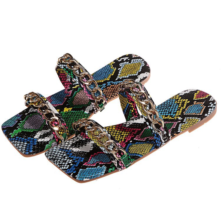 Metal Chain Buckle Snake Print Sandals And Slippers