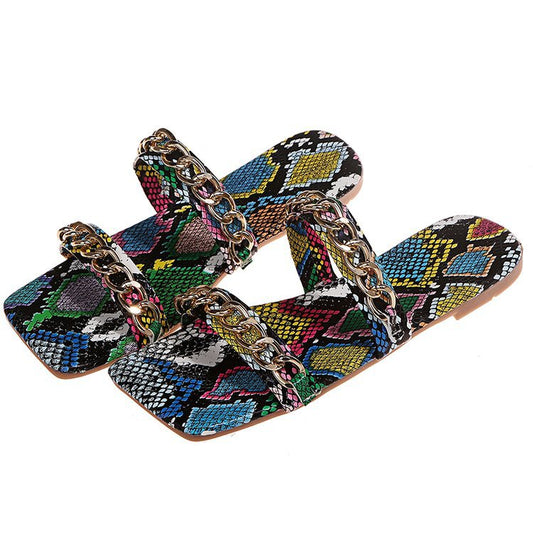 Metal Chain Buckle Snake Print Sandals And Slippers
