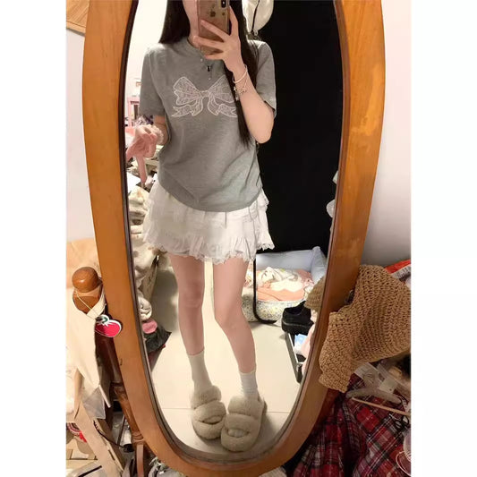 Gray Embroidered Bow Shoulder Short Sleeve