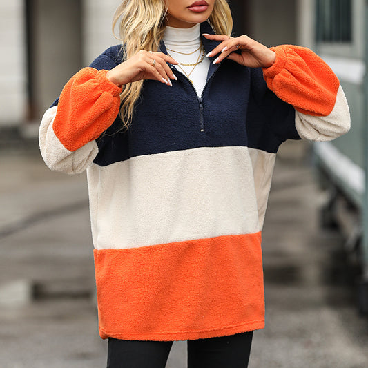Langærmet løs pullover til kvinder med revers, lappede striber og boblefløjl – afslappet sweatshirt