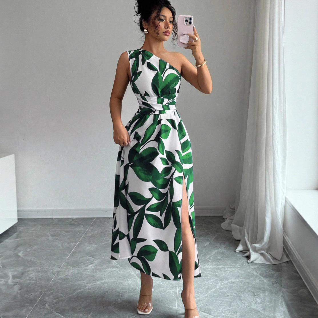 Womens Printed Off-the-Shoulder Slit Dress