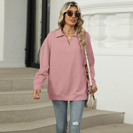 Ensfarvet polotrøje med løse, lange ærmer og sweatshirt-krave
