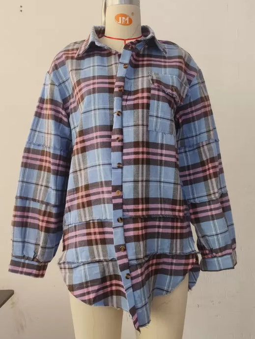 Tassel Long Sleeve Top Loose Casual Plaid Shirt Coat