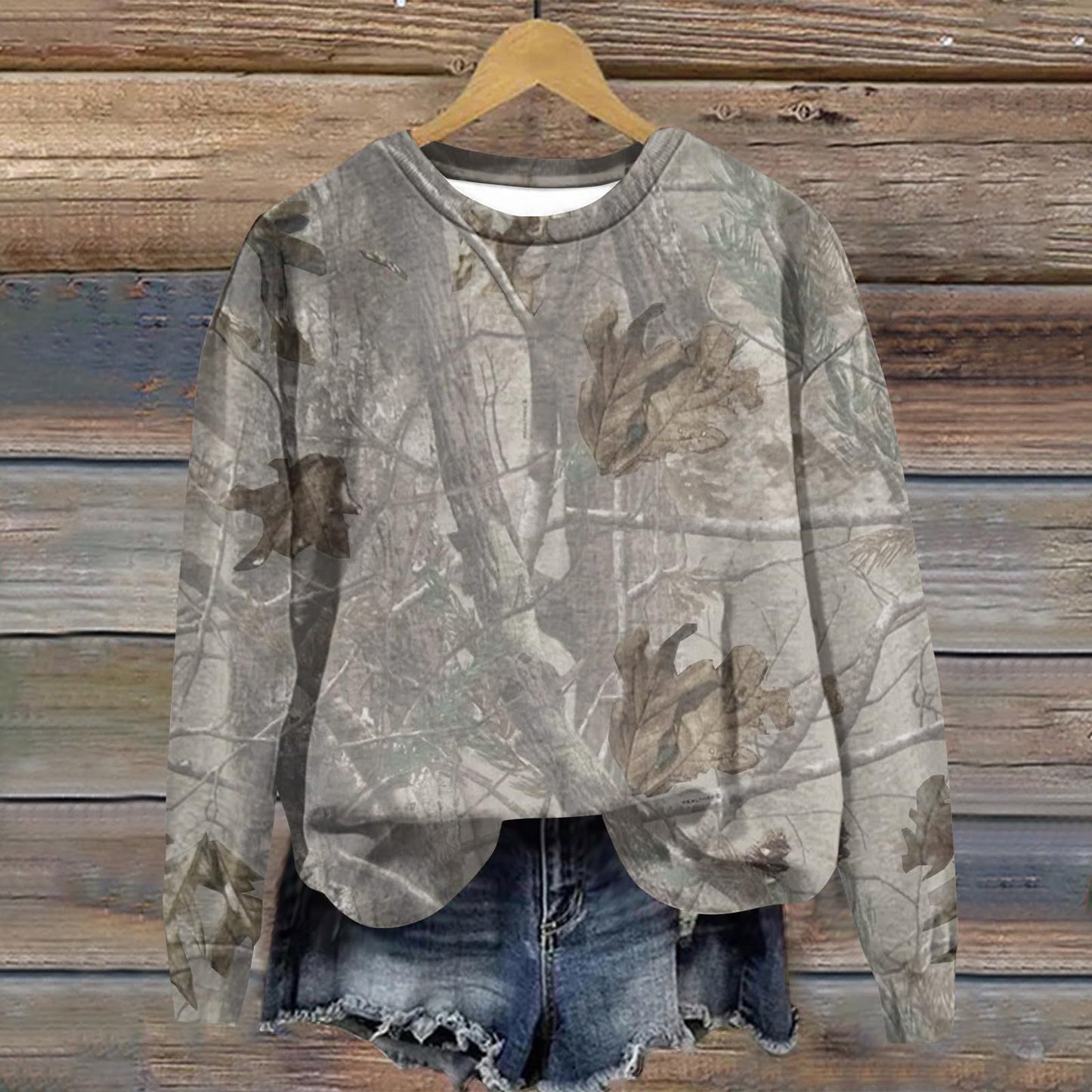 Camouflage Sweatshirt Maple Leaf Printed Crew Neck Sweatshirt