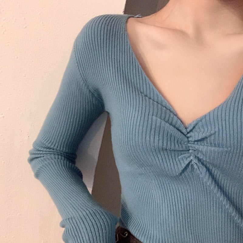 Pleated V-neck Knitted Bottoming Shirt Long Sleeve Sweater