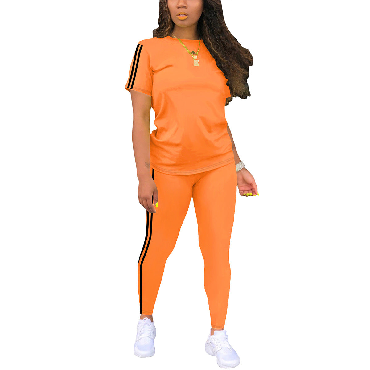 Round Neck Short-sleeved Top With Trousers Suit Side Stickers Women's Two-piece Suit