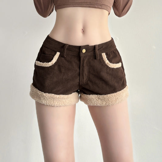 Retro Patchwork Corduroy Shorts With A Niche Designer Edgelow-rise And Ultra-flattering For Bold Edgy Looks
