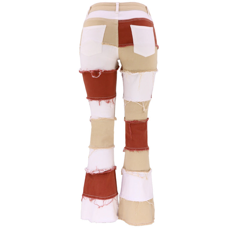 Flow Fashion Patchwork High Waist Tight Hip Horn Women's Denim Trousers