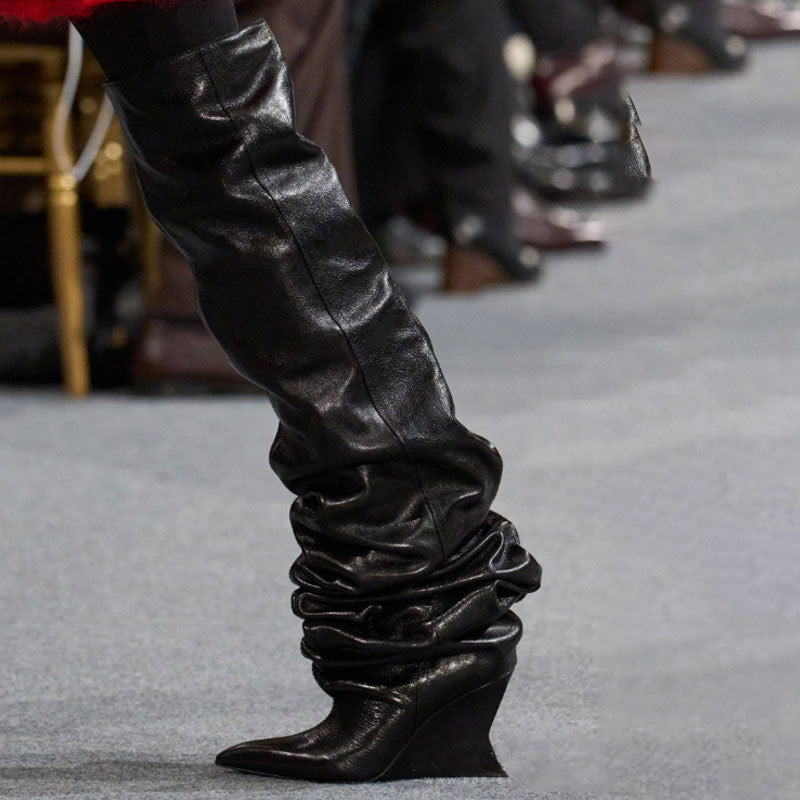 Catwalk Pleated Over-the-knee Boots Female Pointed Toe Wedge High-heel Boots