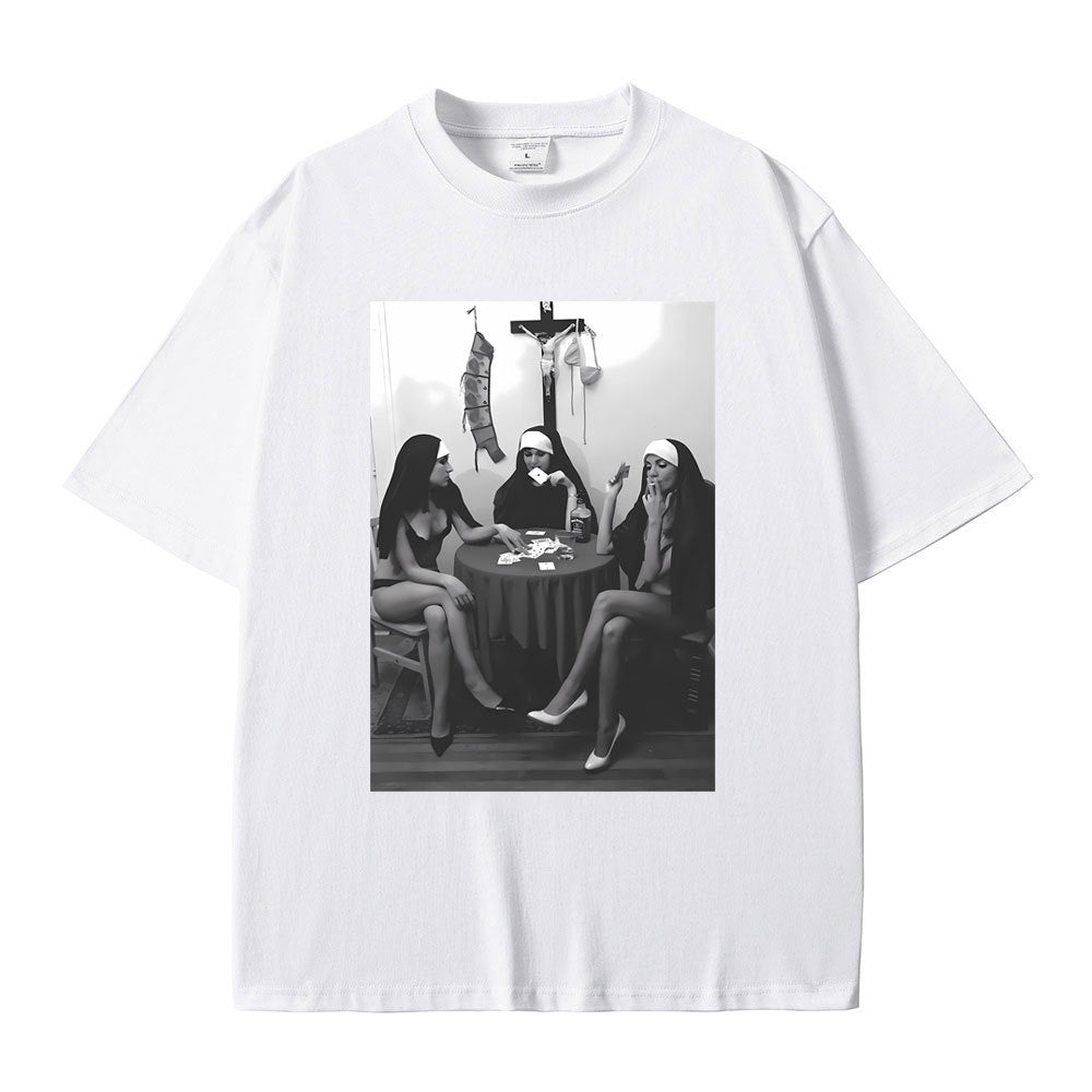 Nuns Naked Playing Card Smoking Drinking Funny Meme T-Shirt