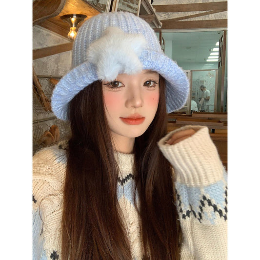 Korean-style Cute Plush Star Knitted Bucket Hat
