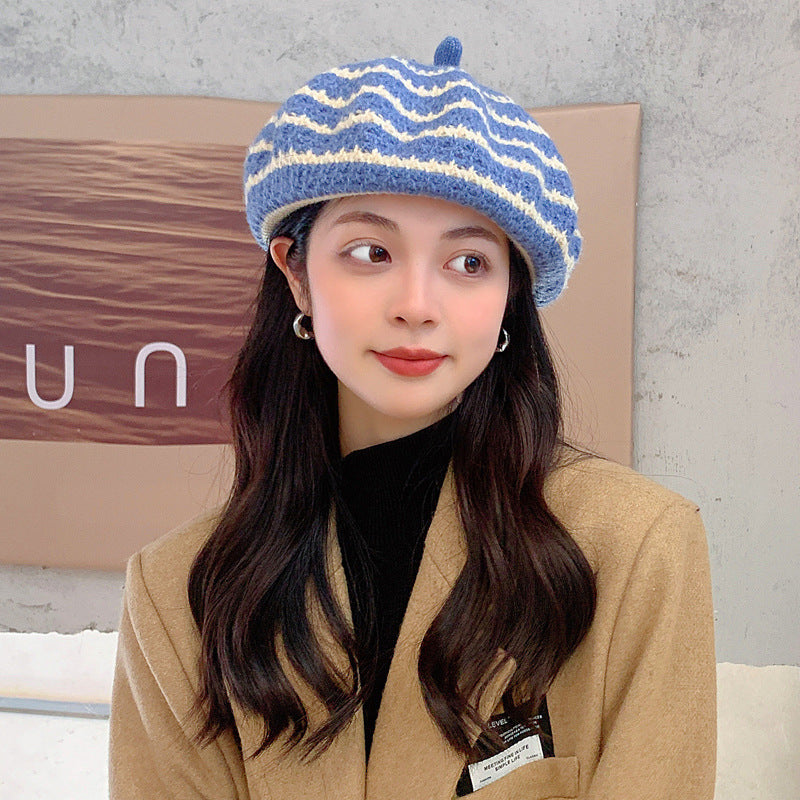 New Women's All-match Knitted Wool Striped Beret To Keep Warm